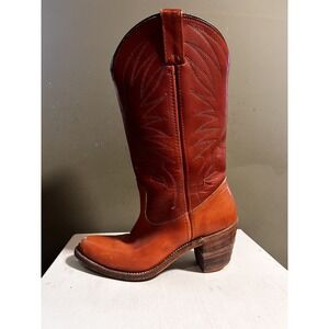 Vintage Double H 5133 Brown Leather Cowboy Boots 7.5 B Pull On Festival Boho USA